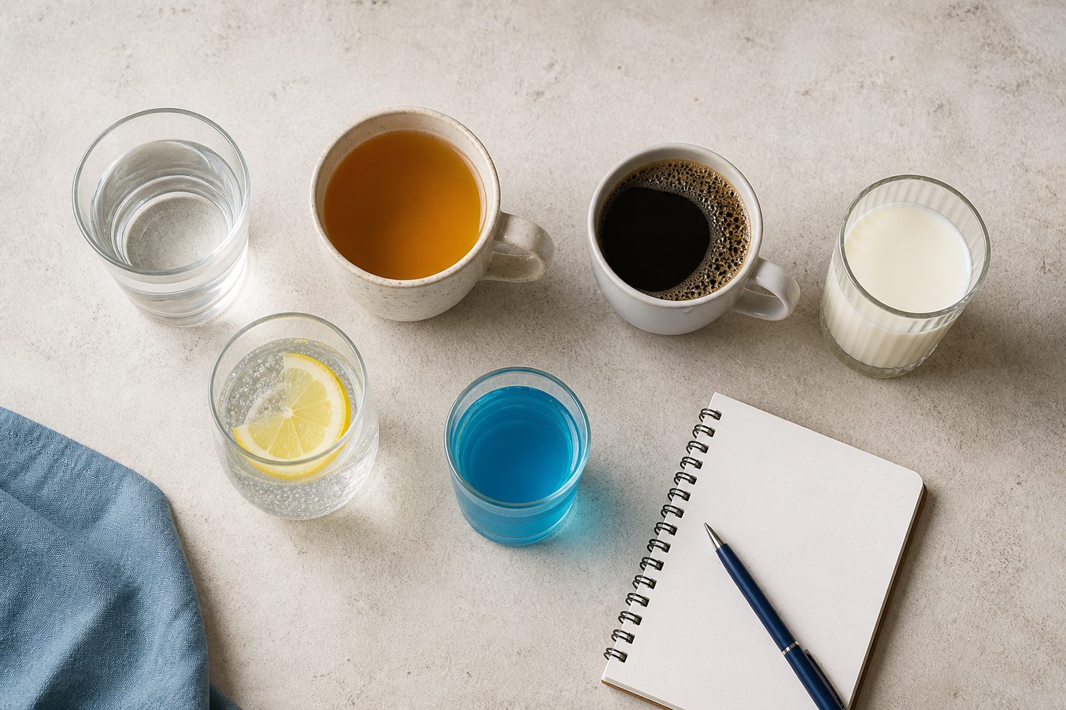 A variety of everyday drinks beside a blank hydration journal