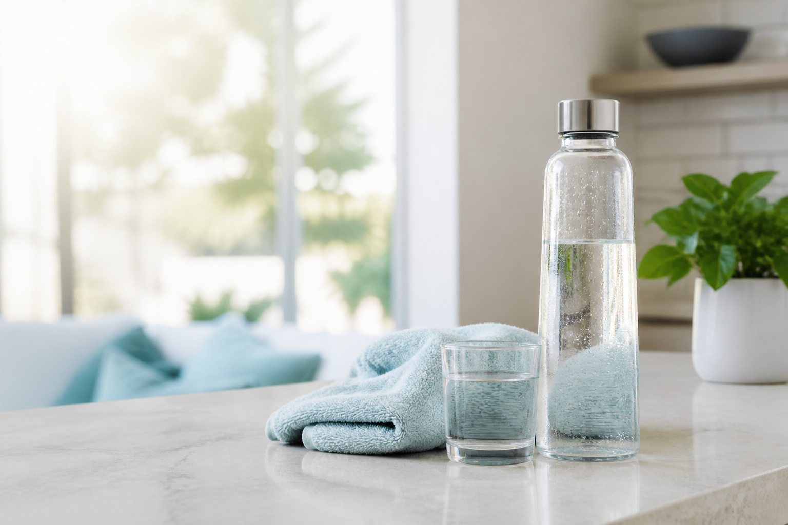 A clear reusable water bottle and glass in a bright everyday kitchen